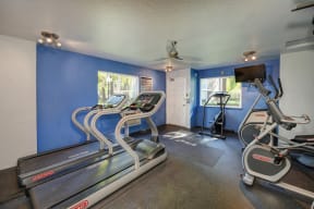 Community fitness center on-site with treadmills, cardio machines and bike.  There are blue accent walls inside the gym room.