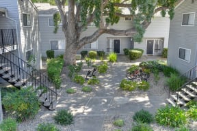 Community courtyard walkway in between buildings with beautifully landscaped grounds and mature trees.  There are bike racks available for storage outdoors.