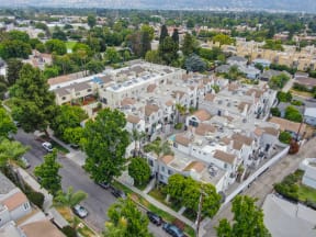 Ariel shot of the neighborhood where The Woods at Toluca Lake apartment community is located. 