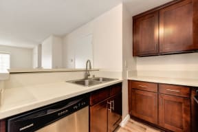 Kitchen with white quartz counters, darker cabinetry, stainless dishwasher and dual sink. 