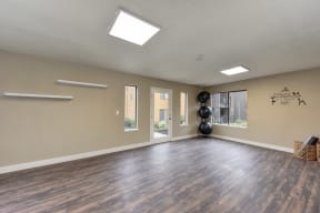 Community Yoga Studio with Hardwood Inspired Floor, Yoga Balls, Large Window and Wicker Basket with Yoga Mats 