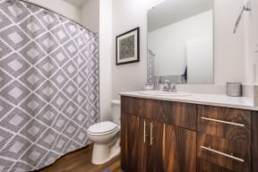 bathroom with large mirror, toilet and shower tub combo