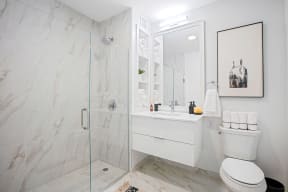 Bathroom with Frameless Glass Walk-In Shower at The Apartments at Lincoln Common, Chicago
