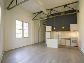 Kitchen, dining at The Mobile Lofts, Mobile, Alabama