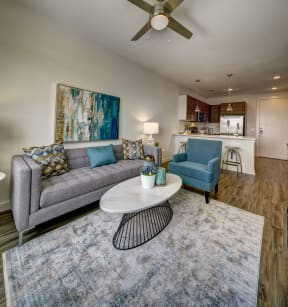 living room with grey sofas at Brixton South Shore, Austin, Texas