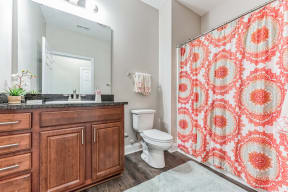 a bathroom with a red and white shower curtain