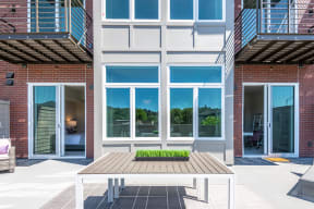 Top floor resident area with seating and city views