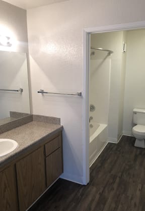 Bathroom vanity and shower | Riverstone apts in Sacramento, CA 95831