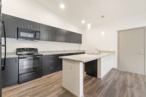 Crescent Point kitchen with plank flooring and dark cabinetry and appliances