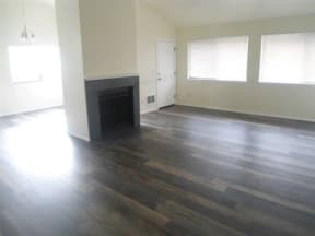 Lake Meridian Shores apartment home living area with plank flooring and fireplace