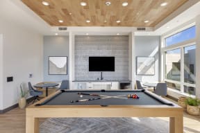 pool table, TV,  and large windows