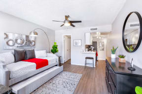 Apartments for Rent in Phoenix, AZ - Modern Living Room With Stylish Decor, White Walls, Ceiling Fan, and Wood-Style Flooring