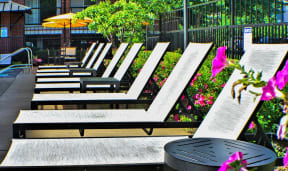 City Place at Westport - Poolside Lounge Chairs With Side Tables, Additional Covered Seating, and Decorative Trees and Bushes