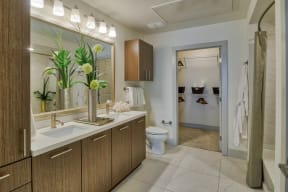 Dual Vanities and Stand-Up Shower at Olympic by Windsor, Los Angeles, California