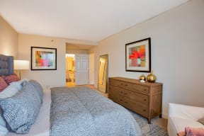 Decorated bedroom at Windsor at Mariners, Edgewater, NJ