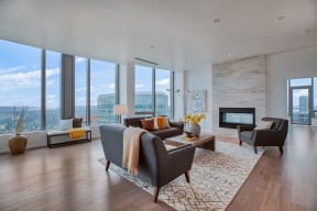 Decorated penthouse living room at The Bravern, Bellevue, WA
