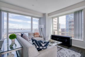 Spacious living room at Waterside Place by Windsor, 02210, MA