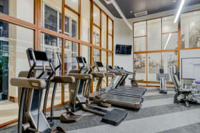 Spacious Fitness Center with Exercise Equipment  and Large Windows at Windsor at Pembroke Gardens, Pembroke Pines, Florida