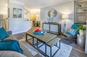 Lex at Brier Creek apartments in Morrisville, NC, spacious living room with hardwood-style flooring