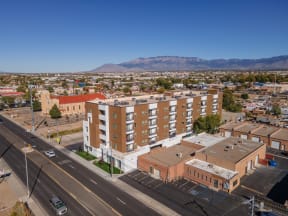 Exterior drone image of Cresta North Valley Apartments in Albuquerque, NM