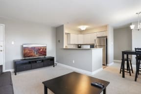 Living room with kitchen in the background