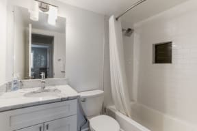 Bathroom with marble vanity and shower/tub combo