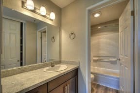 Three Bedroom Apartments in Larkspur CA - Larkspur Courts Apartments Bathroom with a Large Vanity, Stainless Steel Features, Shower, and More