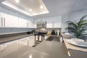 San Clemente CA Apartments for Rent - Rancho Del Mar - Modern Kitchen with White Cabinets, Stainless Steel Appliances, and Gray Countertops