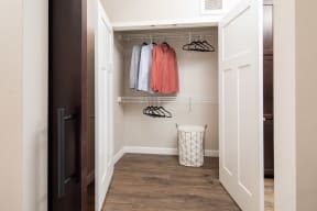 View of spacious closet at The Whitley apartments in St. Paul, MN.