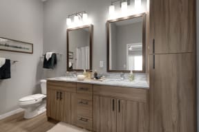Brightly lit vanity space at Nuvelo at Parkside Apartments