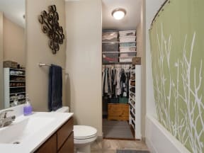 Be @ Axon Green  Apartment Bathroom with partial walk-in closet, tub and shower, toilet, and vanity sink