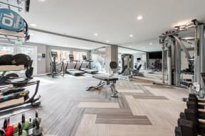 Wide shot of fitness center with cardio and strength equipment