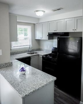 Fully renovated kitchen with granite countertops, upgraded appliances, and painted wood cabinetry