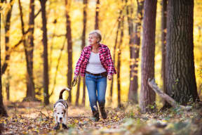 Woman Walking Dog in Woods