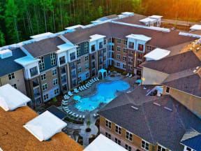 Aerial View Of Pointe at Lake CrabTree Pool in Morrisville, NC Apartments for Rent