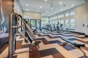 Fitness center with brown zig-zag carpet, windows, weight machines, treadmills, and ellipticals