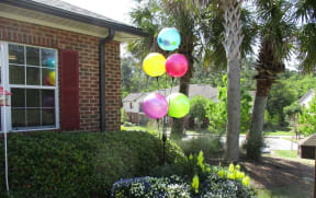 cheerful balloons outside office windows