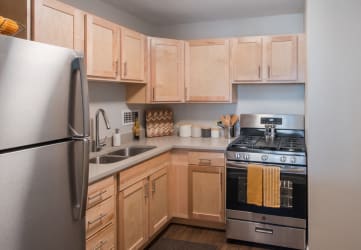 Kitchen with stainless steel appliances, light wood cabinetry, and plan flooring