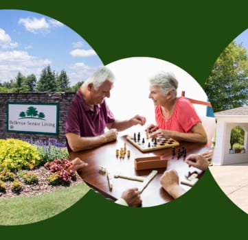 Woodward senior living banner with active seniors and exterior building