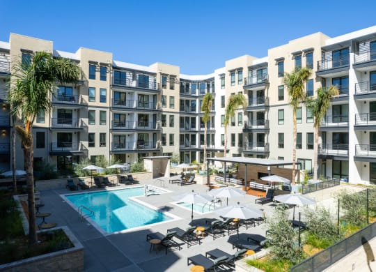 Mountain View CA Apartments for Rent - Expansive Swimming Pool with Various Shaded Lounge Areas