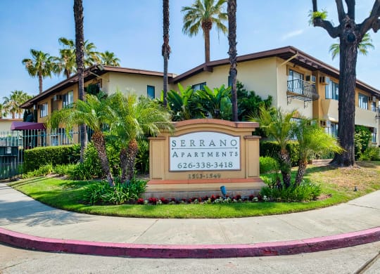 building entrance signage at Serrano Apartments, West Covina, 91790