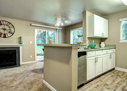 Kitchen with upper and lower cabinets.  There is a stainless steel dishwasher.  There is a view of the dining area with a ceililng fan, a fireplace, and sliding glass doors.