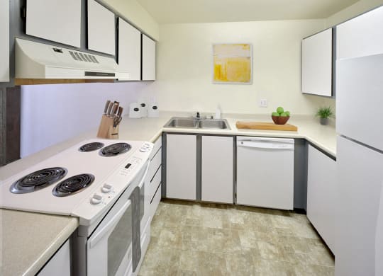 Kitchen with upper and lower cabinets, a sink, and white appliances.  There is a fridge, dishwasher, and oven with cooktop.