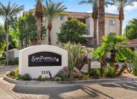 San Portella Apartments Exterior Monument Sign and Landscaping