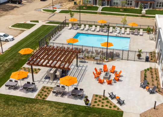 Aerial shot of pool and patio at The Liberty Apartments in Golden Valley, MN