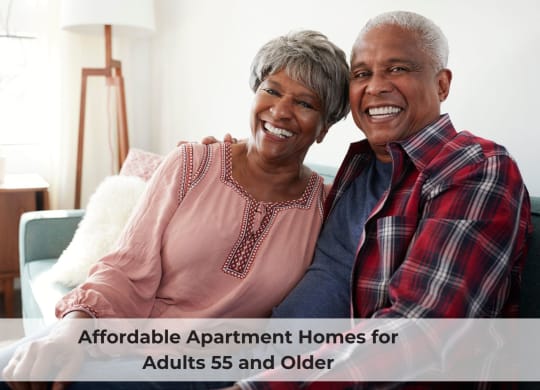 an older couple sitting on a couch with the text affordable apartment homes for adults 55 and older