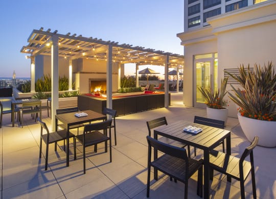 Westwood Luxury Apartments Wilshire Victoria Rooftop Resident Lounge Couch Fireplace evening dusk3