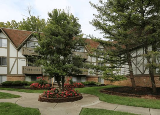 Apartment buildings with meticulous landscaping  at Camelot East Apartments, Fairfield, Ohio