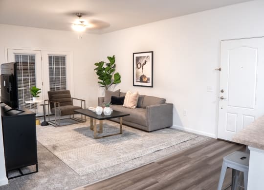 a living room with a couch coffee table and a tv