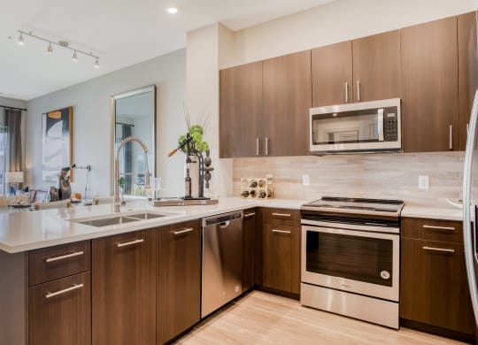 Our chef-inspired kitchens feature designer finishes and stainless steel appliances at Windsor Mystic River, Medford, Massachusetts